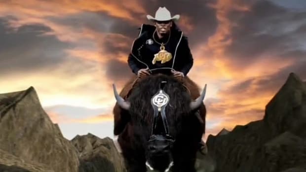 Deion Sanders riding Ralphie in Fox promo